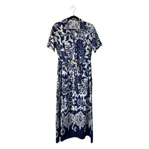 Joie Shirt Dress Size S Blue White Floral Cotton Short Sleeve Belted Pocket Midi